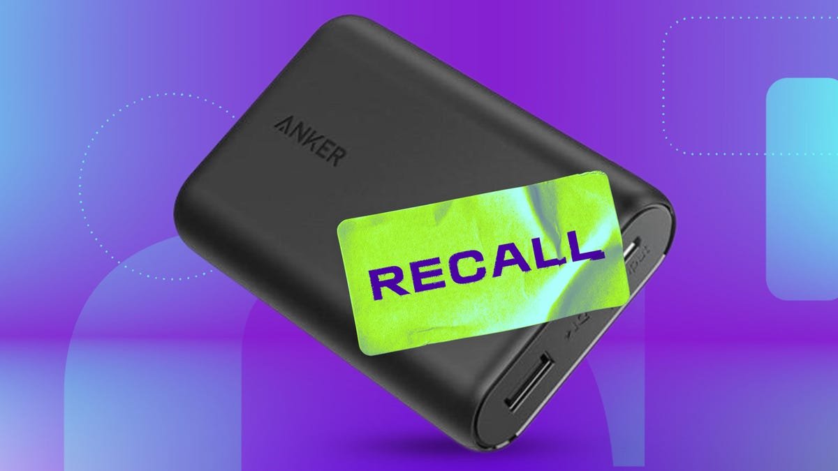 Anker PowerCore 10000 power bank, gray power bank on a purple and blue gradient background