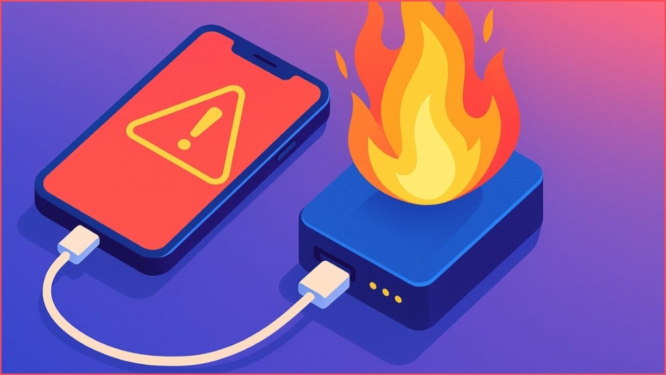 An AI-generated isometric illustration of a smartphone connected to a portable charger. The charger is on fire and the phone is displaying a warning icon.